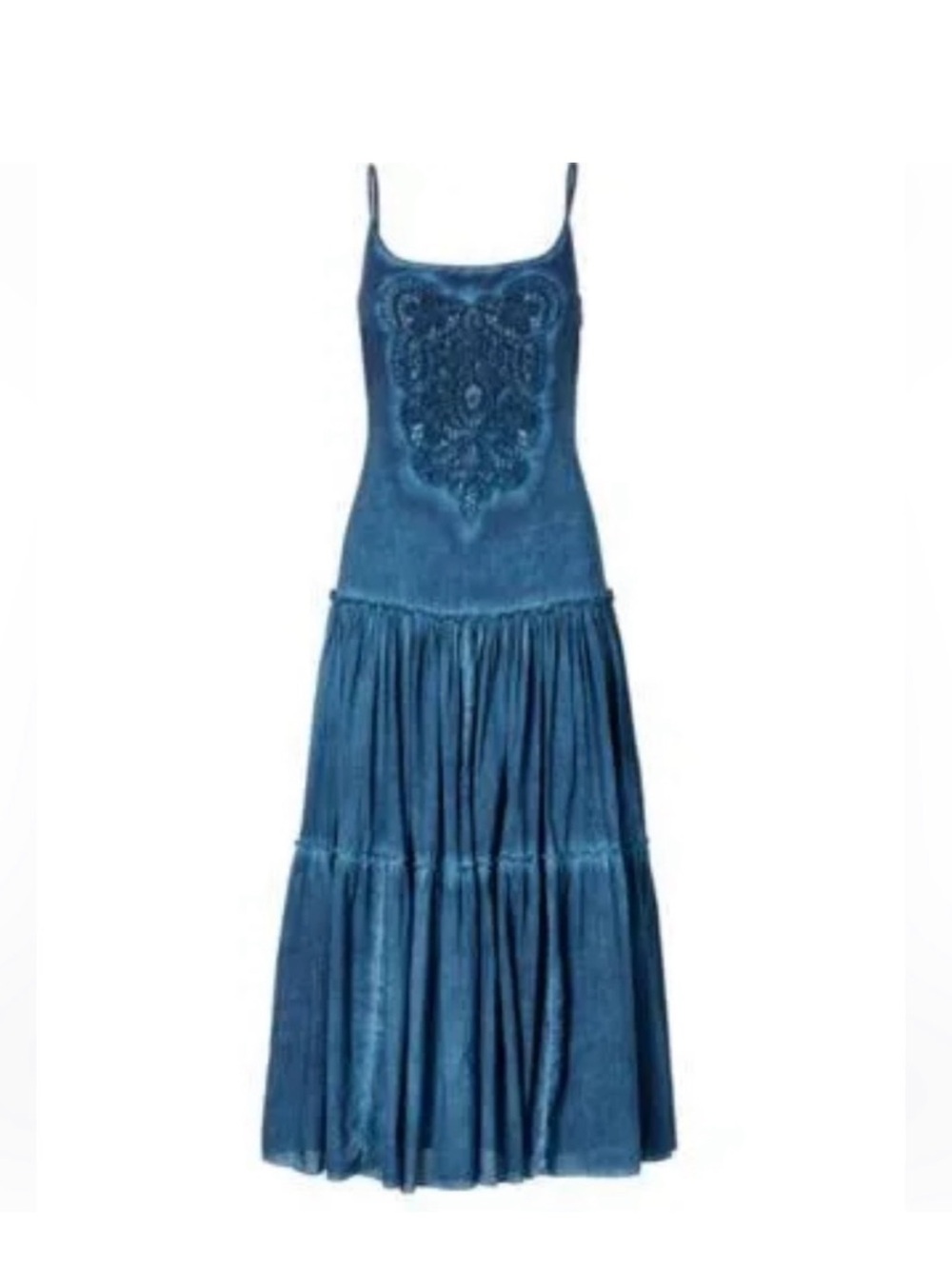 Lauren Ralph Lauren Blue  Tiered Cotton Midi Dress Embroidered Slip Dress Size 2